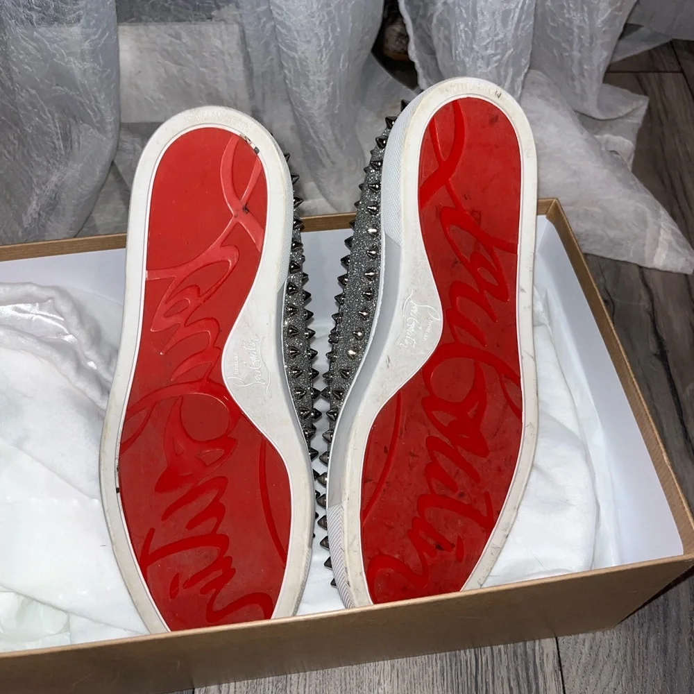 Christian Louboutin Calfskin Spikes Pik Boat Glitter Sneakers 37.5 Silver - Picture 4 of 6